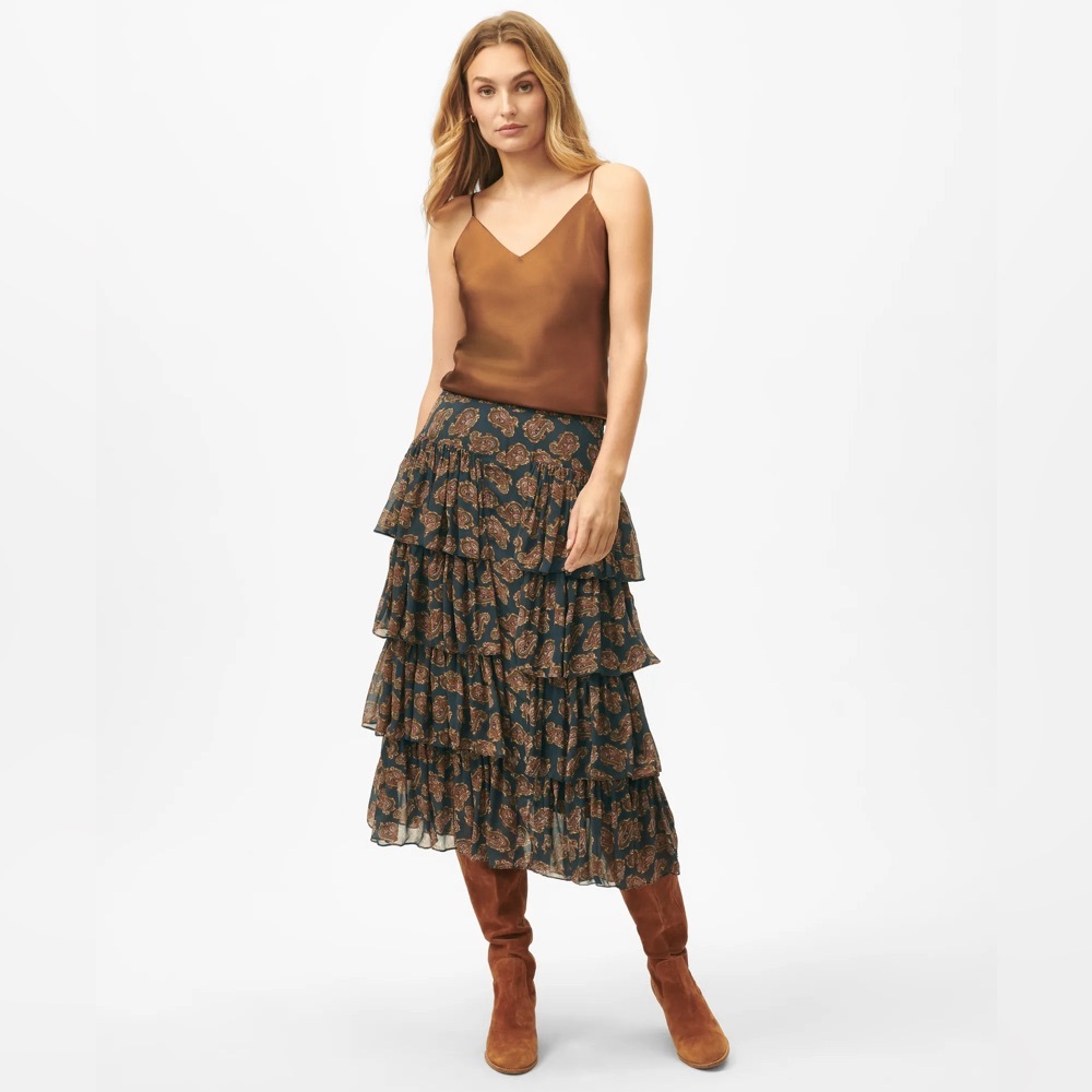 Brooks Brothers Tiered Paisley Chiffon Midi Skirt Blue Women’s Size 0 NWT - Picture 2 of 6